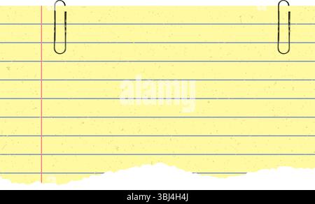 Gelbes zerrissenes Papier mit Grunge und handgefertigter Textur mit Büroklammer. Zerrissene Notizbuchfetzen mit Linien. Retro-Grunge-STYLE. Stock Vektor