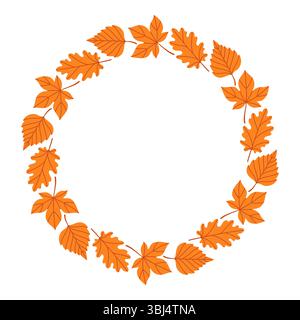 Herbstlaub Kreisrahmen. Runder Rand aus Herbstblättern in Orange, Gelb und Grün. Die Blätter haben unterschiedliche Formen und sind in einem angeordnet Stock Vektor