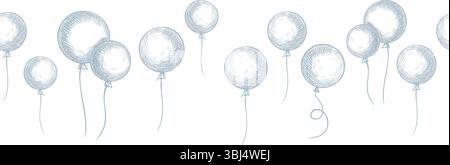 Vektorrand mit runden Heliumballons. Lineare Illustration für Babyduscheinladungen oder kindliche Grußkarten in pastellblauer Farbe. Konturätzung mit nahtlosem Muster für Rahmen. Stock Vektor