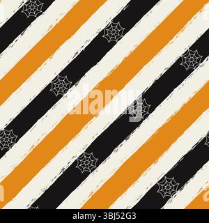 Nahtloses Halloween-Rastermuster mit Kürbisorange, schwarzen und knochenweißen diagonalen Grunge-Streifen und Spinnweben. Verrückte organische Kanten. Handbemalt Stockfoto