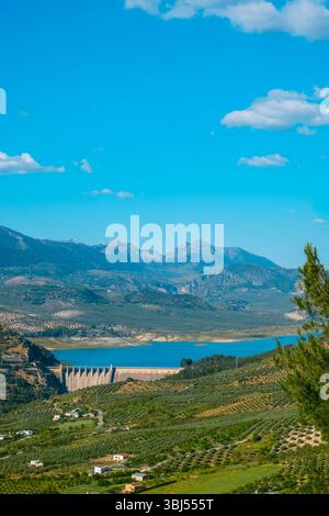 Ein Blick aus der Vogelperspektive auf den Staudamm Iznajar in Südspanien, der den Fluss Genil, die Grenze zwischen Cordoba und der Provinz Malaga, erobert Stockfoto