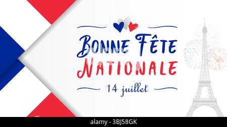 Französische Grußkarte zum Nationalfeiertag am 14. Juli. Urlaubsposter mit Flagge Frankreichs 3D-Rahmen und kreativer Typografie. Hintergrunddesign. Grafiksymbol Stock Vektor