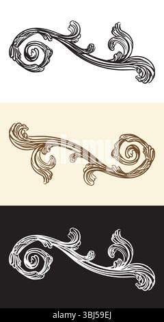 Kalligrafie-Wirbel, kunstvolle Motive und Scroll-Designelemente. Vintage Damast filigrane Hochzeitsrolle Blumenschmuck. Retro-Muster gravieren. Vecto Stock Vektor