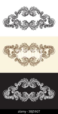 Kalligrafie-Scrolls, kunstvolle Motive und wirbelnde Designelemente. Filigrane Vintage-Hochzeitsrolle mit Blumenschmuck aus Damast. Retro-Muster gravieren. Vecto Stock Vektor