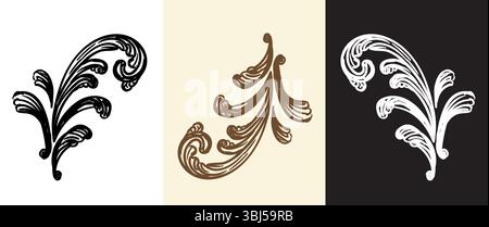 Set aus Kalligrafie-Wirbeln, kunstvollen Motiven und Schriftrollen-Ornamenten. Vintage Damast filigrane Hochzeitsrolle Blumenschmuck. Retro-Muster gravieren. Vect Stock Vektor