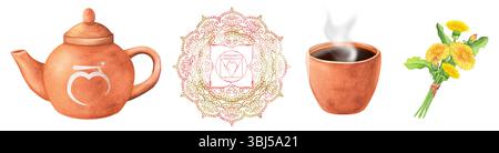 Ein Bündel von Aquarell-Clipart zum Thema Balance-Wurzelchakra. Terrakotta-Teekanne, eine Tasse mit heißem Tee, Löwenzahnstrauß, ein goldroter Muladhara c Stockfoto