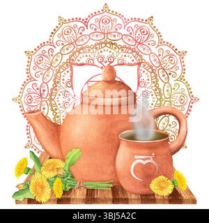 Aquarell Terrakotta Ton Teekanne und Tasse mit heißem Kräuteraufguss oder Tee und Löwenzahn Blumen und Blätter auf Holztablett. Goldenes rotes Wurzelchakra Mula Stockfoto