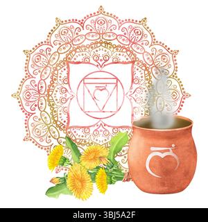 Aquarell Terrakotta Tontopf mit heißem Kräuteraufguss oder Tee auf und Löwenzahn Blumen und Blätter. Goldenes rotes Wurzelchakra Muladhara mit Mandala. Han Stockfoto