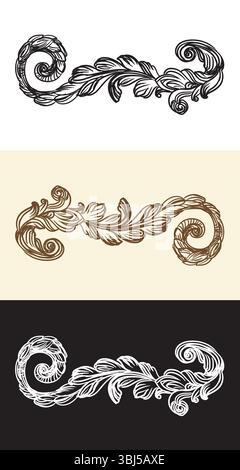 Wirbel Kalligraphie verzierte Motive Design-Elemente. Vintage Damast filigrane Hochzeitsrolle Blumenschmuck. Retro-Muster gravieren. Vektorillustratio Stock Vektor