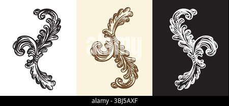 Kalligraphie wirbelt kunstvolle Motive, Designelemente. Scroll, Tücher, barocke dekorative Ornamente. Vektorabbildung. Retro-Muster gravieren. Für DE Stock Vektor