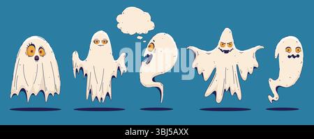 Halloween-Set der niedlichen Geister in handgezeichnetem Stil isoliert auf blauem Hintergrund. Gruselige Zeichentrickfigur. Geistersymbol. Verspielter Nachtgeist mit Stock Vektor