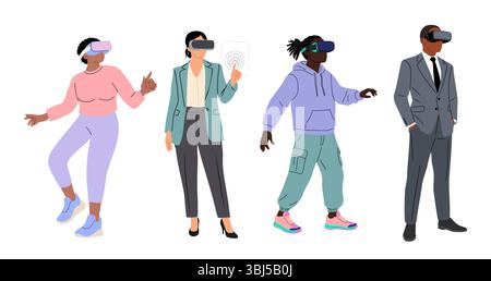 Ein Set aus verschiedenen Personen in Virtual-Reality-Headsets Stock Vektor