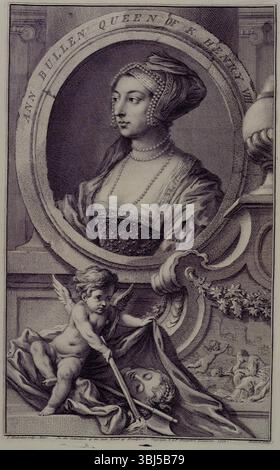 Ann Bullen Königin von K. Heinrich VIII., 1743-c1751. Porträt der englischen Königin Anne Boleyn (um 1501–1536), Ehefrau Heinrichs VIII. Sie wurde wegen Verrats enthauptet. Unter ihrem Porträt löscht ein Cherub eine brennende Fackel aus und bedeckt ihren abgetrennten Kopf und ihre Axt mit einem Stück Stoff. Aus: „Die Köpfe und Charaktere illustrer Personen Großbritanniens mit ihren Porträts, die von Mr. Houbraken und Mr. Vertue graviert wurden. Mit ihren Leben und Charakteren von T. Birch. L.P." . [London, 1743-1751]. Stockfoto