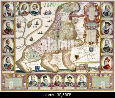 "Der Löwe der niedrigen Länder." Karte in Form eines Löwen, 1600-1750. Von Leo Belgicus Artificiosa et geographica tabula sub Leonis figura XVII. [ Amsterdam, 1600-1750] Stockfoto