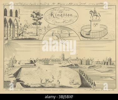 The East View of Kingston upon Hull, 1735, (1869). Landschaft mit den wichtigsten Sehenswürdigkeiten. "Auf Kosten von Mr. Tho: Gent. Engrav von &amp; gedruckt von in.o Haynes'. „DEO juvante. DEO-Konservante. Animus tamen idem'. [Gott hilft. Gott bewahre. Doch der Geist bleibt derselbe]. Seite 36 von Annales regioduni Hullini [Gents Geschichte von Hull]. Die Geschichte der Stadt Kingston-upon-Hull ... zusammen mit mehreren Briefen, die einige Berichte über die Antiquitäten von Bridlington, Scarborough, Whitby usw. enthalten. [Rumpf, England, 1869] Stockfoto