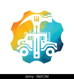 Design-Konzept mit farbenfrohem geometrischem Hammer und Car Logo Stock Vektor