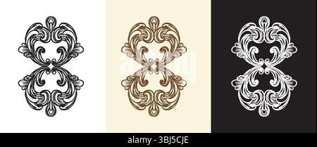 Vintage Damast filigrane Hochzeitsrolle Blumenschmuck. Kalligrafie-Wirbel, kunstvolle Motive und Scroll-Designelemente. Retro-Muster gravieren. Vecto Stock Vektor