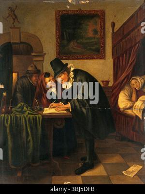 Ein Arzt, der ein Rezept für eine kranke junge Frau schreibt, c1650. Stockfoto