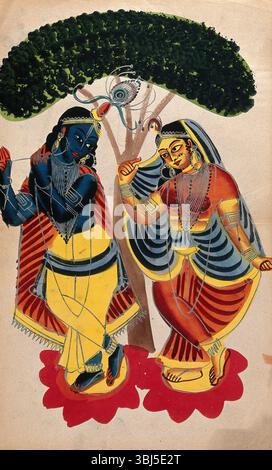 Radha und Krishna. Zusätzliche Informationen: Die Liebe des Gottes Krishna zur Milchjungfer Radha wurde ein beliebtes Thema sowohl in religiöser als auch in weltlicher Malerei und Versen und wurde als Allegorie der Beziehung der Seele zu Gott sublimiert. Stockfoto