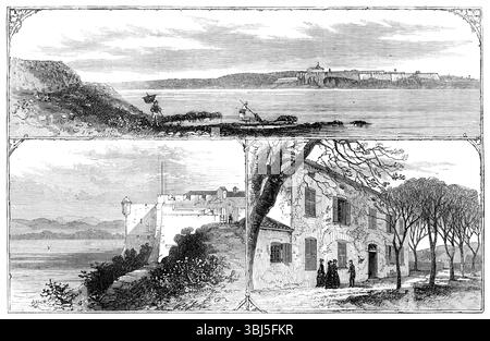 Die Insel und das Fort von St. Marguerite, das Gefängnis von Ex-Marschall Bazaine, 1874. „Die [französische] Regierung scheint eine Manifestation befürchtet zu haben, und anstatt den Gefangenen offen durch Paris zum Bahnhof von Lyon zu führen, wurde er in einem geschlossenen Wagen, begleitet von einer Gendarmerie-Abteilung, nach Villeneuve St. Georges befördert... der Nachtexpress nach Marseille wurde hier abgefangen, und der Marschall, der am späten Freitag in Antibes ankam, wurde sofort zur Ile Ste gebracht. Marguerite, sein ernannter Ort der Gefangenschaft. Das Fort Royal wird als Ort der Konf gefeiert Stockfoto