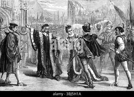 Szene aus "Mary, Queen o' Scots" im Princess's Theatre, 1874. Londoner Bühnenproduktion eines historischen Dramas von William Gorman Wills. "Ein Grund für den erreichten Erfolg ist, dass ein gewisses Spektakel erlaubt ist, um die allgemeine Aktion zu unterstützen und sie mit Bildgruppierungen zu verschönern. Unser Künstler hat eine dieser spektakulären Szenen ausgewählt... es stellt den Eintritt der neu eingeführten Königin nach Schottland dar, wo und wenn sie von dem berühmten John Knox getroffen wird, der, eifrig für das presbyterianische Christentum, sich der katholischen Form bewusst ist, und stark entgegenstellt Stockfoto