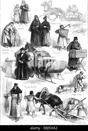 Skizzen in St. Petersburg, 1874. 'Bettler; Händlerwagen; Messer-Grinder; Mönch &amp; nun; Chiffonnier; Privater Schlitten; Orgelschleifer; Leichter Träger; Footman; der russische Fahrer, der Istvosttschik, ist nicht nur geschickt, sondern auch bereit, seinem Passagier die Bequemlichkeit oder Willkür zu bieten, indem er alles, was er weiß, mit der besten Geschwindigkeit seines Pferdes tut, im Gehorsam gegenüber dem Schrei des „Shivai! Shivai!“- das heißt: „Schneller! Schneller!“ Was man oft von dem Herrn hören kann, der gedämpft im Mantel und in der Pelzmütze saß... unserem Künstler, der in St. Petersburg war Stockfoto