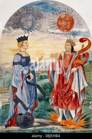 Ein Mond über einer in Blau gekleideten Königin und eine Sonne über einem in Rot gekleideten König; sie repräsentieren zwei alchemistische Prinzipien: Das auflösende 'lac virginis' (Quecksilber) und das koagulierende männliche Prinzip (Schwefel), 1900–1909. Stockfoto