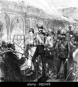 Der Kaiser von Russland verließ Dover, 1874. Alexander II. Auf einem Staatsbesuch in England. Der Zar kam nicht nach Gravesend. Die kaiserliche Yacht war auf einer Schlammbank in der Mündung der Schelde in der Nähe von Flushing gelaufen und hatte dort die ganze Nacht festgehalten. Es wäre nötig, Zeit zu sparen, indem man nach Dover aufbrechen würde, anstatt in die Themse zu fahren... das Gepäck des Kaisers an Land zu schicken und es in den fast eine Stunde besetzten Eisenbahnzug zu bringen. Seine Majestät ging dann von Bord, gefolgt von den Prinzen, und mit seiner Tochter auf dem Arm ging er zum Saloonwagen. Ein königlicher Gruß wurde von den Batterien der Burg abgefeuert. Stockfoto