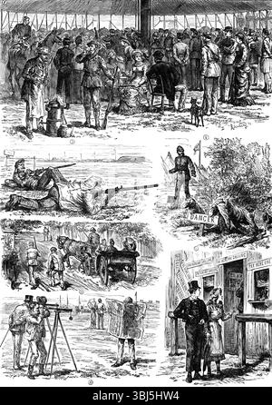Skizzen des Wimbledon-Gewehrtreffens, 1881. Jährliche Schießerei auf dem Wimbledon Common im Südwesten Londons. „Wir präsentieren eine Seite mit humorvollen Skizzen der Nebenspiele und der lässigen Abenteuer, die beim Wimbledon Rifle Meeting zu sehen sind, das in diesem Jahr durch das herrliche Sommerwetter begünstigt wurde und eine enorme Anzahl von Besuchern anzog...1. Die Band im Großen Zelt; 2. "Er sah die Gefahr nicht"; 3. Zündpositionen - dick und dünn; 4. Der Silberschlüssel; 5. Heißarbeiten am Berg; 6. Ansichten nah und fern“. Aus Illustrated London News, 1881. Stockfoto
