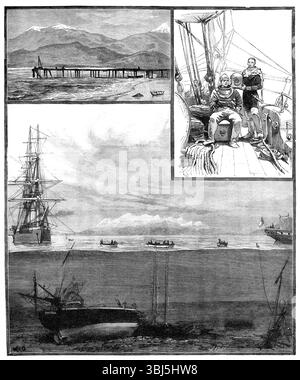 Taucher erkunden das Wrack von H.M.S. Doterel, das 1881 in der Magellan-Straße gesprengt wurde. Zerstörung eines Schiffes der Royal Navy durch eine Explosion - 143 Besatzungsmitglieder wurden getötet. "1. Zwei Taucher an Bord von H.M.S. Garnet; 2. Sandy Point (Punta Arenas) mit Pier; 3. Boote von H.M.S. Garnet, die Taucher im Stich lassen; 4. Unter dem Wasser; Überreste von H.M.S. Doterel mit Rumpf und Kiel... und 64-Pfünder-Kanone... Sandy Point mit seinem hölzernen Pier, den schneebedeckten Höhen des Mount San Felipe und Mount Graves und den fernen Ufern von St. Mary's Point und Cape Valentin sind zu sehen...der Granat liegt dort vor Anker, mit seinem Stockfoto