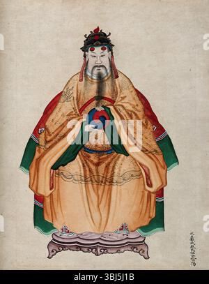 Chinesischer Kaiser Fu Hsi, in traditioneller Tracht, mit dem Symbol „Yin-Yang“, 19. Jahrhundert. Fu Hsi (ca. 4.000 v. Chr.) ist der Vater der chinesischen Tai Chi-Philosophie von Yin und Yang und damit der I Ching. Seine Theorie basierte auf einem System von acht Trigrammen (Linienmuster, die auf den Yin-Yang-Symbolen basieren, die zusammen Stufen des kontinuierlichen Veränderungsprozesses darstellen, und die Verbindungen zwischen Vergangenheit, Gegenwart und Zukunft). Stockfoto