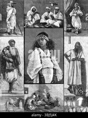 Sketches in Algerien, 1881. "1. Arabian Shepherd; 2. Schuhmacher; 3. Mauresque; 4. Pedlar; 5. Minstrel Girl; 6. Orange Verkäufer; 7. Camping; 8. Kabyles Spielen Schach; 9. Arabian Cemetery... die große Masse der Eingeborenen, Araber und Kabyles, bleibt in primitiver Barbarei... die Kostüme und häuslichen oder persönlichen Gewohnheiten verschiedener Mohammedaner Nationen, der luxuriösen Mauren, der pastoralen oder vagranten Araber und der Kabyle Highland Bauernschaft, wurden oft beschrieben... es sollte daran erinnert werden, dass in diesen alten Sitzen einer reichen und raffinierten Mussulman Gemeinschaft, die früher all den com Tribut forderte Stockfoto