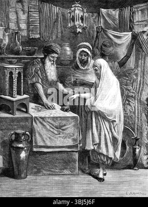 Ein Basar in Algier, 1881. "Hier kann der Besucher verweilen, diskret beobachtet, und vielleicht sieht er eine einheimische Dame, die den "Yashmak" oder Schleier aus leichtem Gaze über dem unteren Teil ihres Gesichts trägt und ihre Figur in ein Oberkleid hüllt, das wie ein weißes Blatt aussieht, ganz zu schweigen von ihren großen Hosentaschen, in die Werkstatt eines Goldschmieds oder Silberschmieds geht, um den Preis für ein Armband zu verlangen. Sie wird wahrscheinlich von einem treuen Diener ihrer Eltern oder des Hauses ihres Mannes besucht, wenn nicht von einem Gentleman ihrer Familie, wenn sie auf den Basar kommt. Der geschickte Kaufmann, ein Mussulman, dessen oma Stockfoto