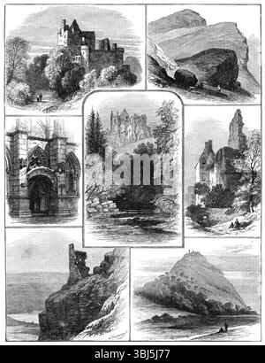 Skizzen in der Nähe von Edinburgh, 1881. "1. Craigmillar Castle. 2. St. Anthony ist gut und Arthurs Sitz. 3. Nordtür der Roslin-Kapelle. 4. Hawthornden. 5. Schloss Roslin. 6. St. Anthony's Chapel. 7. Gesetz Von North Berwick". Aus Illustrated London News, 1881. Stockfoto