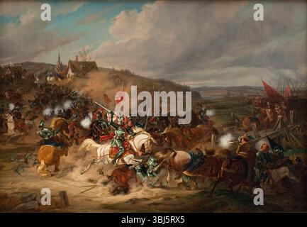 Daniel Rantzau erobert die Tureby Bridge in SKåne während des Siebenjährigen Krieges um 1839. Gefunden in der Sammlung des Statens Museum for Kunst, Kopenhagen. Stockfoto