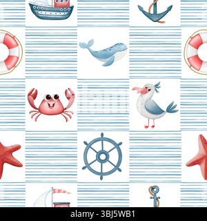 Nahtloses Aquarellmuster mit Booten, Walen, Ankern, Rettungsbooten, Möwen und Krabben auf gestreiftem Hintergrund. Weiches pastellfarbenes nautisches Thema beim Kind Stockfoto