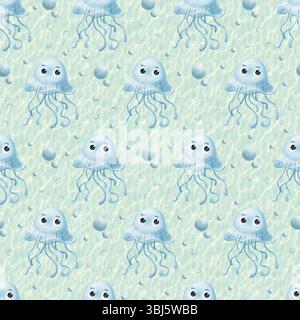 Nahtloses Aquarellmuster mit niedlichen Comic-Quallen in sanften Blau- und Pink-Tönen. Verspieltes Unterwasser-Design, perfekt für Kindertextilien, Krankenschwester Stockfoto