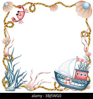 Wasserfarbenrahmen mit einer lächelnden Krabbe, Seilrand, Muscheln, Algen und einem niedlichen Schiff mit Rettungsschirm. Marine-Kinderillustration mit emp Stockfoto