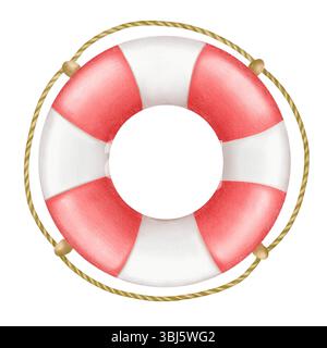 Aquarellabbildung eines rot-weißen Rettungsschirms mit einem Seil. Der Stil ist minimalistisch, perfekt für ein nautisches Thema, Marine Dekor oder Design Stockfoto