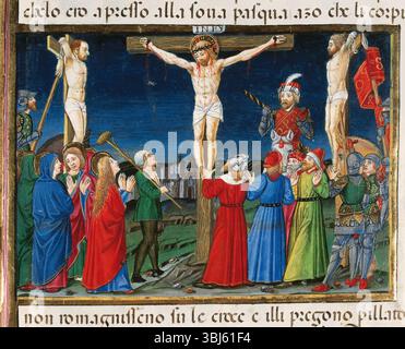 Nachdem er mit Maria gesprochen hat, stirbt Jesus, während die Sonne in den Schatten fällt, italienische Miniatur, 1476. Aus „Geschichten des Heiligen Joachim, der Heiligen Anna, der Jungfrau Maria, Jesus, des Täufers und des Weltuntergangs“, geschrieben von Galeazzo Maria Sforza (1444–1476). Königliche Bibliothek, Turin, Italien. Stockfoto