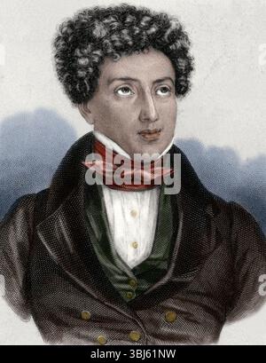 Alexandre Dumas (1802–1870), französischer Schriftsteller, 19. Jahrhundert. Romantik und Historical Fiction Literary Movement. (Farbiger Schwarzweiß-Druck). Stockfoto