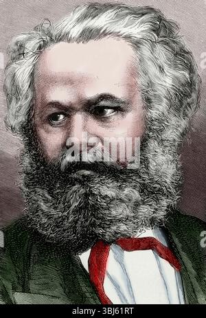 Karl Marx (1818–1883), deutscher Philosoph, Politikökonom und Kommunist, 1872. Farbiger Schwarzweiß-Druck von „La Ilustracion Espanola y Americana“, 1872. Stockfoto