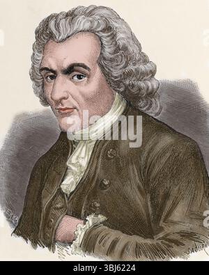 Jean-Jacques Rousseau (1712–1778), Genfer Philosoph, Schriftsteller und Komponist. (Farbiger Schwarzweiß-Druck). Stockfoto
