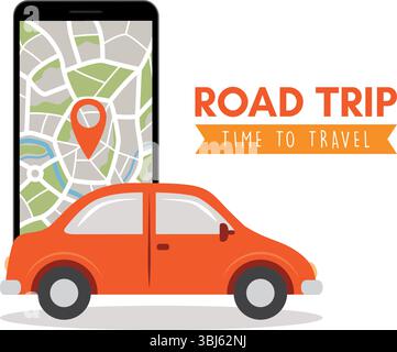 Roadtrip-Reisekonzept mit Auto und Straßenkarte in Smartphone-Vektorillustration Stock Vektor