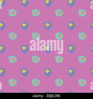 Stiefmütterchen mit Blumenstilisierung, handgefertigtes Muster, Linienzeichnung, Hintergrund hellrosa (hex# e35cd8). Elegantes nahtloses Muster mit dekorativen Stiefmütterchenblüten. Stock Vektor