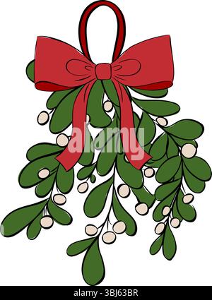 Omela, Holly, Mistelbänke mit roter Bandkomposition isoliert. Abbildung der grafischen Vektorfarbe. Weihnachtsfeiertage-Objektsammlung. Weihnachten V Stock Vektor