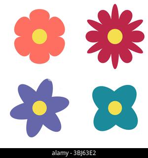 Blumen in 4 Formen und Farben: Korallen, Blau, Flieder und Magenta. Farbenfrohes, minimalistisches Clipart mit Blumenmuster im flachen Cartoon-Stil. Vektorabbildung Stock Vektor