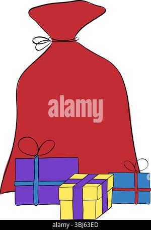 Weihnachtsmann rote Tasche mit Präsentationskomposition isoliert. Abbildung der grafischen Vektorfarbe. Für Poster, Flyer, Banner, Einladung, soziale Medien, Par Stock Vektor