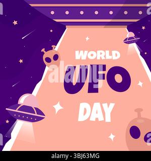 World UFO Day Grüße im violetten Weltraum mit fliegenden Untertassen und Aliens Kopf, geeignet für Social Media Post Gruß. Illustration zum Welt-UFO-Tag Stock Vektor