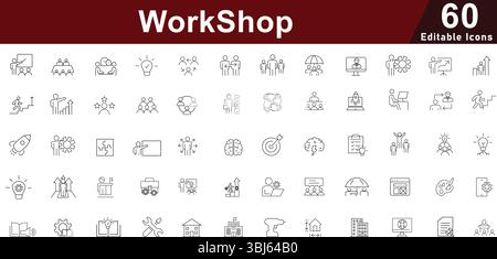 Symbolsatz für Workshop- und Schulungslinien – Symbole für Bildung, Geschäft und Zusammenarbeit Stock Vektor